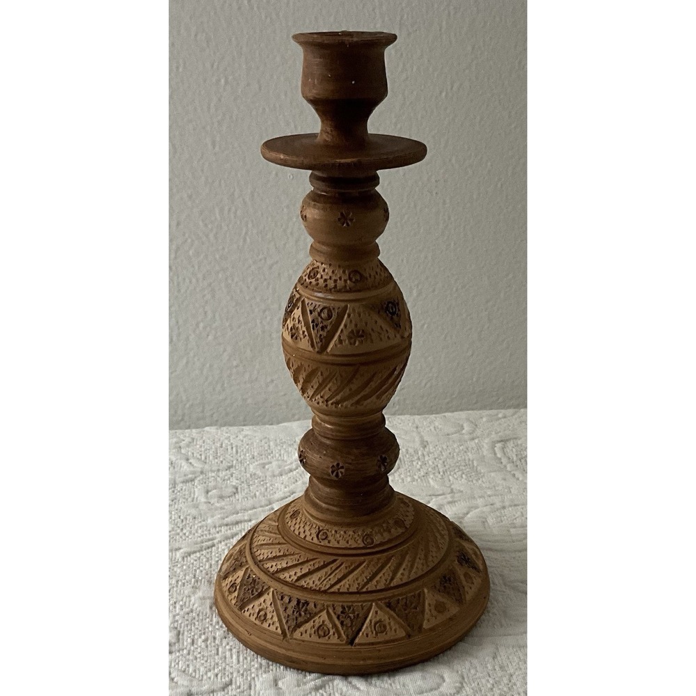 Ten 10 Inch Tall Wooden Candlestick Holder Carved Design Wood Home Boho‎ Hippy